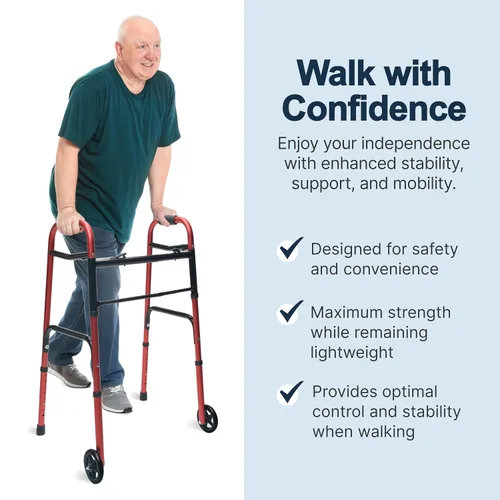 Vista 2 de Lumex ColorSelect Walker, Andador ligero y plegable de 2 ruedas para adultos y personas mayores, rojo