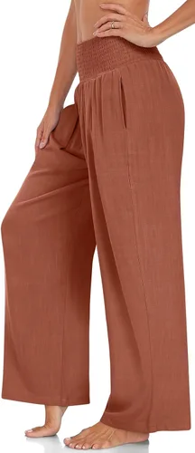 Vista 2 de TARSE Pantalones palazzo de lino de verano para mujer, estilo bohemio, cintura alta, pierna ancha, casual, pantalones largos con bolsillos