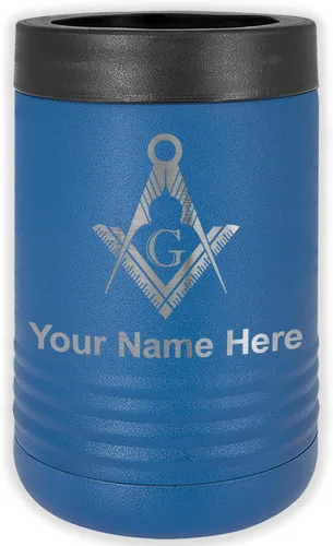 Vista 7 de LaserGram Aislador personalizado de latas y botellas de acero inoxidable, símbolo masón, mantiene las bebidas frías durante más tiempo (negro)