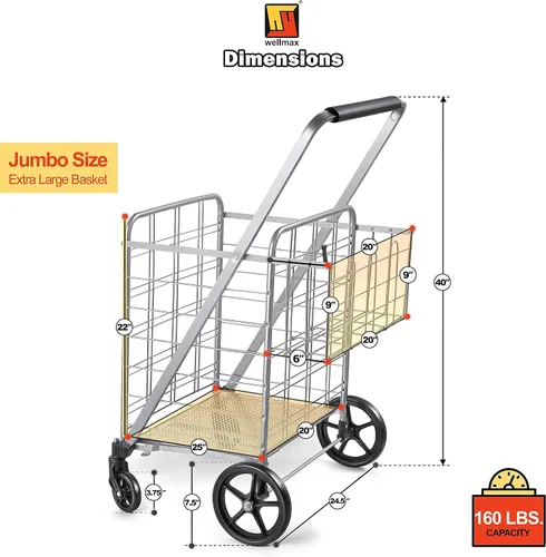 Vista 6 de Wellmax Carrito de la compra con ruedas giratorias y cesta doble para comestibles Todos los modelos WM99024S 99025S 99026S 99028S