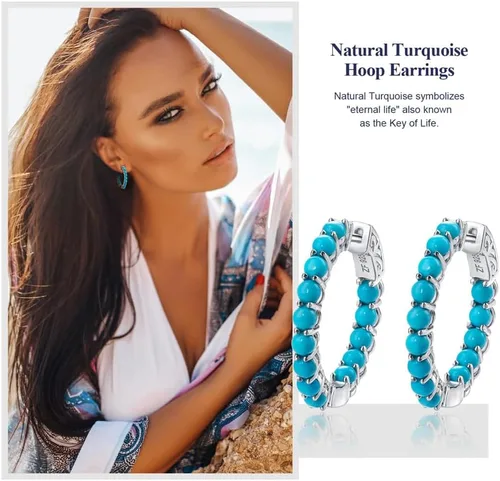 Vista 3 de Hoop Earrings for Women 925 Sterling Silver Halo Round Earrings Natural Blue Topaz Turquoise Citrine Jewelry