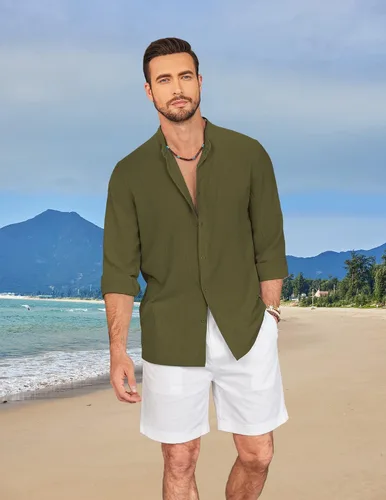 Vista 2 de COOFANDY Camisa de lino para hombre, manga larga, ajuste regular, con botones, informal, para la playa, sin cuello