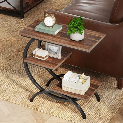 Vista 11 de Tribesigns Mesa Auxiliar en Forma de C, Mesa Auxiliar Industrial Pequeña de 3 Niveles para Sofá, Mesa de Noche de Madera Mesa Auxiliar de Aperitivos