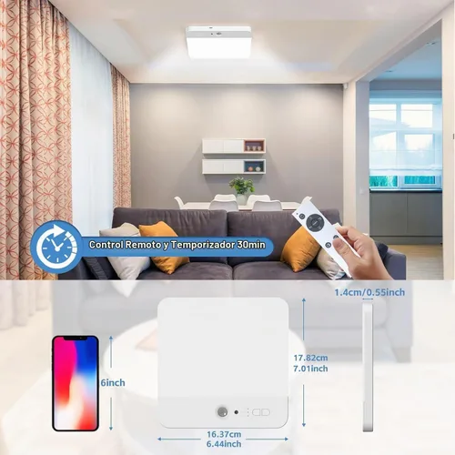 Vista 7 de NARUNDREN Lámpara de techo recargable con sensor de movimiento con control remoto, luces de techo inalámbricas que funcionan con baterías, luz