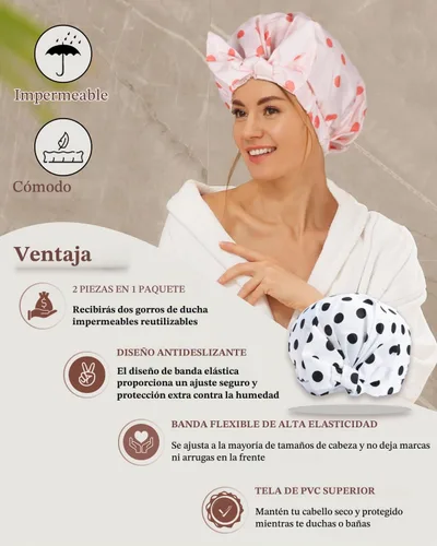 Vista 3 de 2 piezas de gorras de ducha para mujer, gorras de ducha reutilizables impermeables para el cabello con moño ajustable, lujosa gorra de baño para Rosa