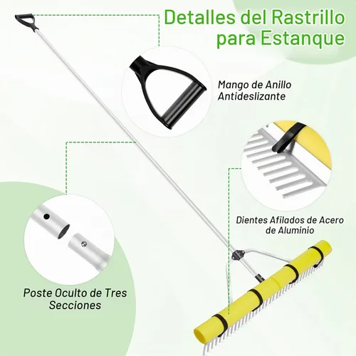 Vista 2 de Rastrillo acuático de malezas para estanque, rastrillo flotante desmontable, rastrillo de aluminio para estanque al aire libre con cuerda