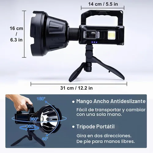 Vista 5 de Foco Solar Recargable de 3,000,000 Lúmenes de Alto Brillo, Focos LED Súper Brillantes para Exteriores, Linterna de Mano de Largo Alcance con 6