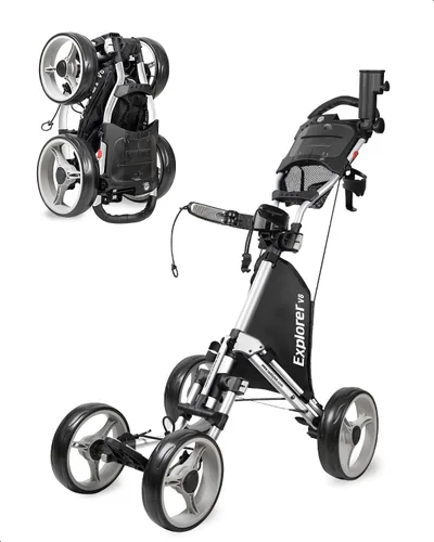 Vista 8 de Caddytek Carrito de golf Explorer V8 - Carrito plegable SuperLite de 4 ruedas de aluminio con ancho ajustable de rueda delantera, freno de pie Gris