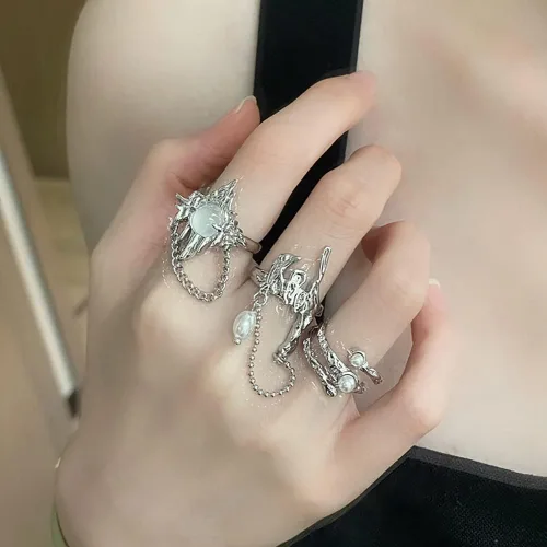 Vista 4 de Y2k - Juego de anillos de piedra lunar con diamantes de imitación, diseño de ágata irregular, para mujer