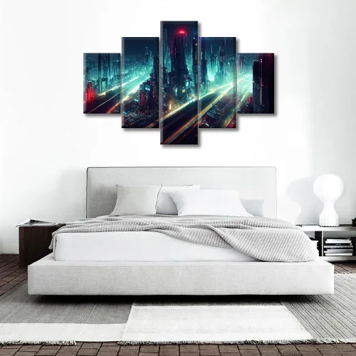 Vista 140 de Cuadros de 5 paneles de Cyberpunk City, arte de pared, representación de vallas publicitarias, edificios modernos en la capital con obras de arte
