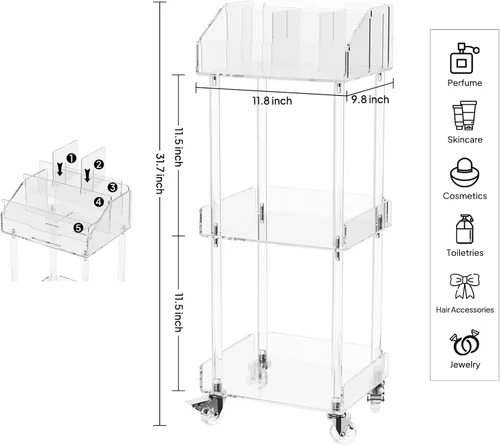 Vista 3 de Aquiver Organizador de Maquillaje Acrílico Carrito de Almacenamiento - Carrito de Maquillaje Rodante de 3 Niveles Organizador de Tocador - Estuches