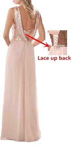 Vista 2 de Gralre Vestidos de dama de honor de oro rosa para mujer vestidos largos de gasa con lentejuelas para novia vestido formal de fiesta de boda