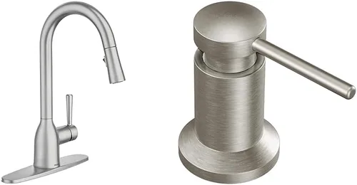 Vista 24 de Moen Adler Grifo de fregadero de cocina cromado de un solo mango con arco alto y fuerza de limpieza, llave de cocina moderna con rociador extraíble