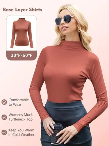Vista 3 de EXCELLENT THERMAL Camisetas de manga larga con cuello alto falso para mujer, ajuste delgado, capa base suave, ropa interior térmica