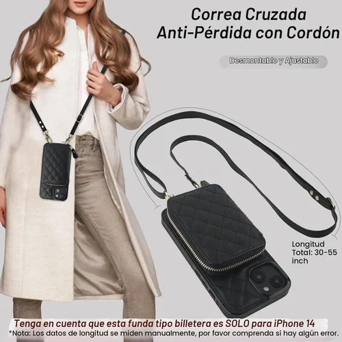 Vista 6 de Bocasal Funda tipo cartera cruzada para iPhone 14, con bloqueo RFID, de piel sintética, con cremallera, funda tipo cartera con función atril y Negro
