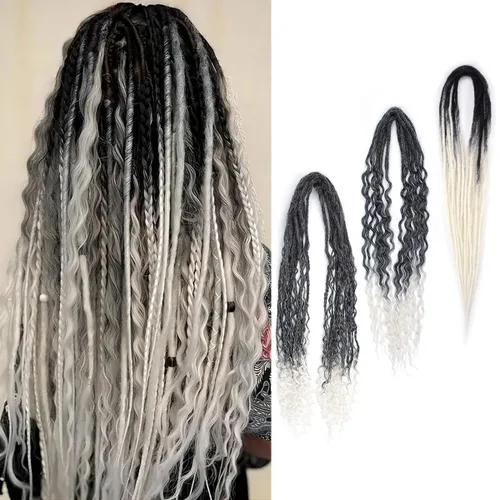 Vista 21 de Extensiones de rastas trenzadas bohemias de 24 pulgadas, 10 hebras de rastas sintéticas rizadas color marrón degradado con trenza de caja, rastas