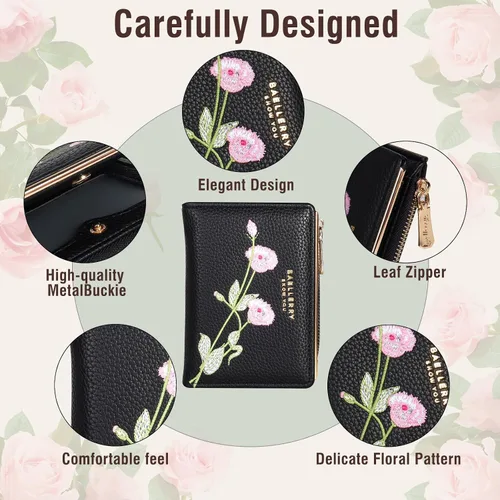 Vista 3 de Billetera pequeña para mujer, doble bordado, con flores, bloqueo RFID, piel sintética, con bolsillo con cremallera para mujeres y niñas (negro)