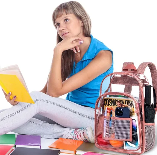 Vista 7 de Mochila transparente resistente para libros, mochila escolar traslúcida