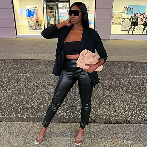 Vista 5 de KMBANGI Pantalones de piel sintética con cordones para mujer, leggings ajustados y huecos, sexys con cordón de poliuretano, ropa de calle de piel