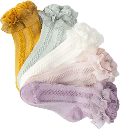Vista 5 de 5 pares de calcetines de algodón con volantes de encaje para niñas y niños pequeños