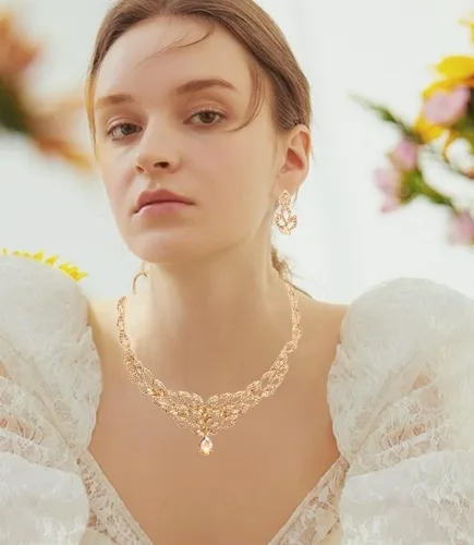 Vista 3 de SFE Juego de collar de declaración nupcial chapado en oro y platino y aretes colgantes para novia juego de joyas de boda gargantilla para mujeres