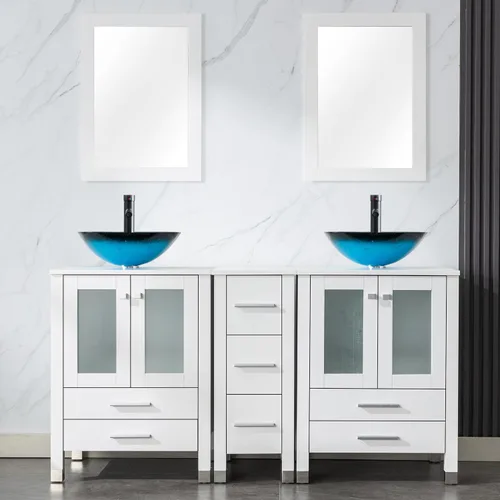 Vista 21 de LUCKWIND 60" Double 24" Bathroom Vanity with Sink Combo, Elegant Series with One 12.6-in Side Cabinet, Painted Frame, Including Tempered Glass Round