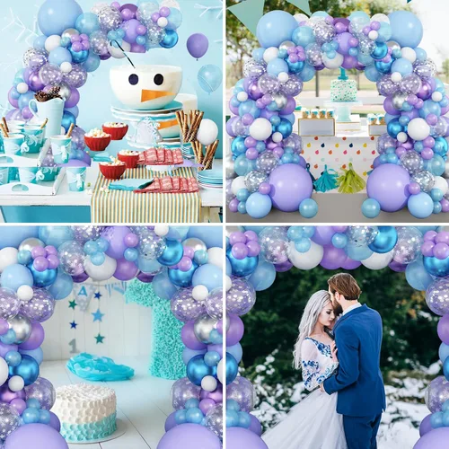Vista 6 de Kit de arco de globos Dagelar azul morado, guirnalda de globos de cumpleaños de copo de nieve con globo de confeti plateado, globos de tema invernal