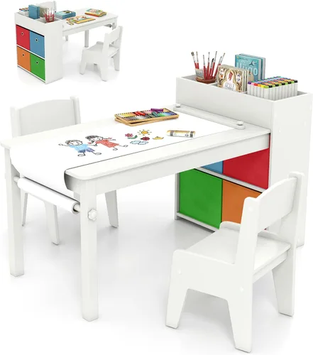 Vista 10 de Costzon Mesa y sillas de arte para niños, juego de escritorio de actividades de madera con rollo de papel, 4 tazas de pintura, estantes de Gris