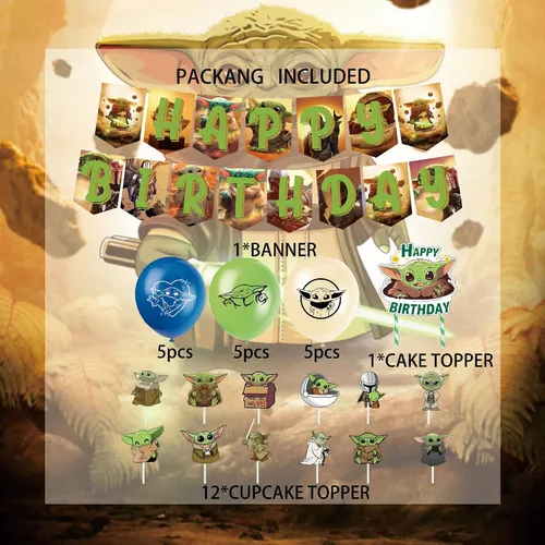 Vista 6 de Suministros de recuerdo de fiesta de Baby Yoda, decoraciones de cumpleaños para fiesta de bebé Yoda incluyen pancarta, adorno para pastel y globos