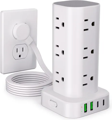 Vista 8 de Regleta de alimentación de torre con múltiples salidas, protector de sobretensiones de enchufe plano, cable de extensión de torre con 12 tomas