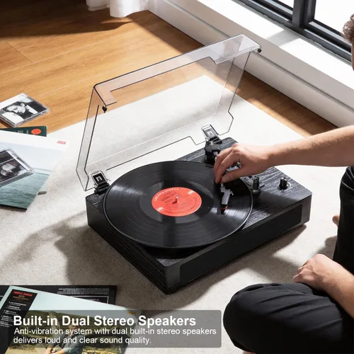 Vista 2 de Tocadiscos de vinilo vintage con altavoces integrados, tocadiscos de 3 velocidades por correa, reproducción Bluetooth, grabación USB/TF, parada