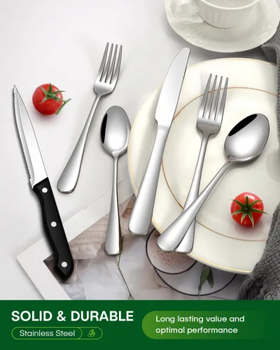 Vista 6 de PHILIPALA - Juego de cubiertos de 24 piezas con cuchillos para carne, juego de cubiertos de acero inoxidable para 4 cubiertos de grado alimenticio