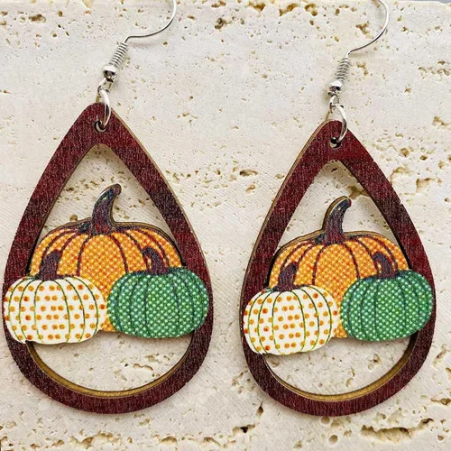 Vista 6 de Paquete de 3 pares de aretes de otoño de madera 2023 para mujeres y niñas, hojas de arce, taza de café, calabaza, girasol, juego de aretes de Acción