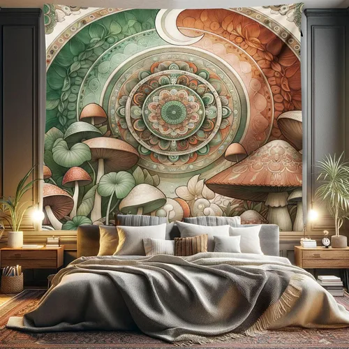 Vista 149 de Ambesonne Tapiz hippie, abrazo de hongos de ensueño y árbol de la vida místico y mandal verde, decoración de tela para colgar en la pared