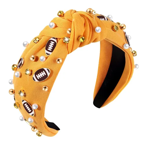 Vista 13 de Diadema de fútbol para mamá, accesorios de perlas con diamantes de imitación anudados, banda ancha para el pelo negra, diadema de nudo superior