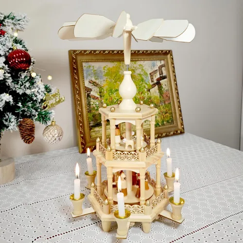 Vista 5 de Pirámides de Navidad con 6 portavelas - 43.2 cm - Carrusel de 3 niveles - Juego de pesebre de madera