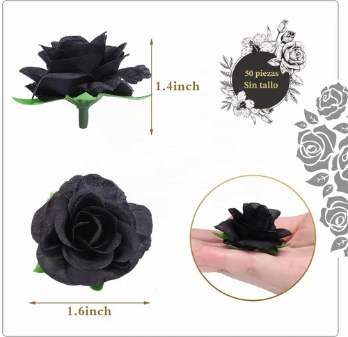 Vista 2 de Kesote 50 rosas artificiales, rosas artificiales de seda pequeñas de 1.6 Negro