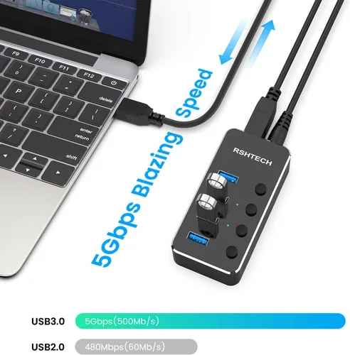Vista 4 de RSHTECH - Concentrador USB 3.0 de 4 puertos alimentado, divisor de concentrador de datos USB de aluminio portátil con interruptor individual