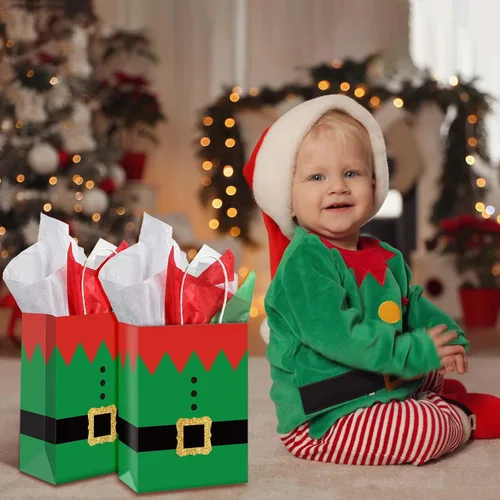 Vista 5 de Blulu 16 piezas de bolsas de regalo de papel para Navidad, elfos de Navidad con impresión de traje de elfo, bolsas de fiesta de Navidad con asa