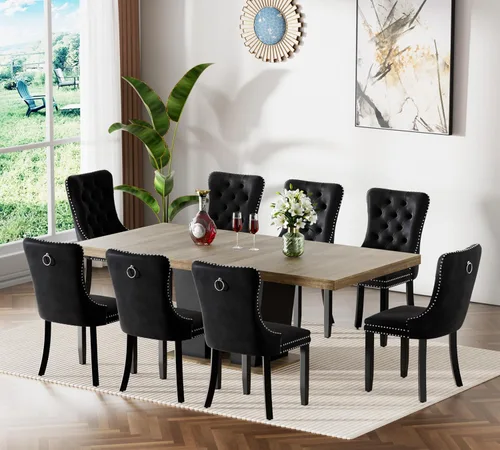 Vista 21 de Juego de mesa de comedor extensible de 63 a 79 pulgadas para 4, moderna mesa de cocina expandible con 4 sillas de terciopelo, mesa de madera gruesa