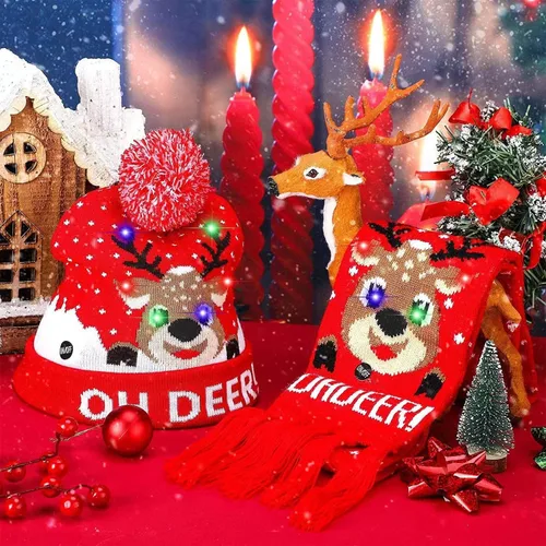 Vista 2 de Gorros de Navidad con luz LED, bufanda de punto, gorro de Navidad para adultos y niños, gorro de Navidad cálido para invierno
