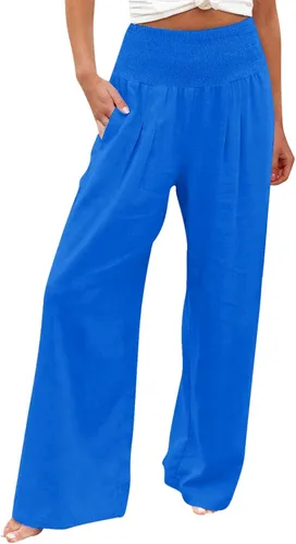 Vista 7 de SHAOBGE Pantalones palazzo de verano para mujer, cintura alta, pierna ancha, casual, cintura elástica, pantalones de playa con bolsillos