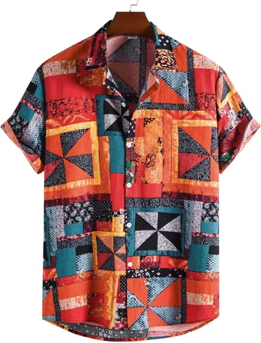 Vista 6 de Camisa hawaiana Aloha para hombre, camisa hawaiana para hombre, manga corta, floral, verano, casual, con botones, camisa de los años 80 para hombre