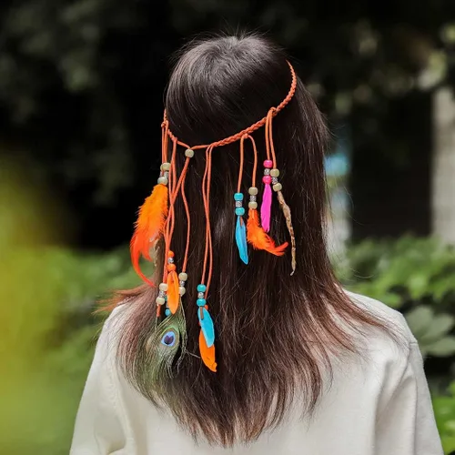 Vista 5 de Outyua Thurquoise Bohomian - Tocado de plumas largas de plumas gitanas nativas de pavo real diadema ajustable de plumas