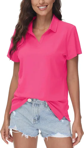 Vista 5 de TACVASEN Polo de manga corta con cuello en V para mujer, con protección solar UPF 50+, secado rápido, para golf