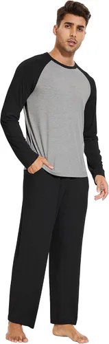 Vista 2 de WiWi Conjunto de pijama de bambú de manga larga para hombre, ropa de dormir de punto cómoda de 2 piezas, conjuntos de ropa de descanso