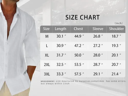 Vista 6 de JEKAOYI Camisas de lino con botones para hombre, estilo casual, manga larga, ajuste regular, de algodón, camisas de playa con bolsillo