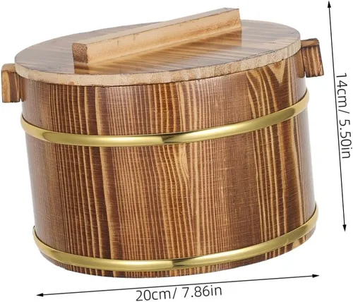 Vista 2 de DOITOOL Cubo de arroz de madera para cocinar arroz, cubo de vapor para sushi, cuenco de arroz japonés Hangiri Sushi Oke Rice Mixing Tub con tapa