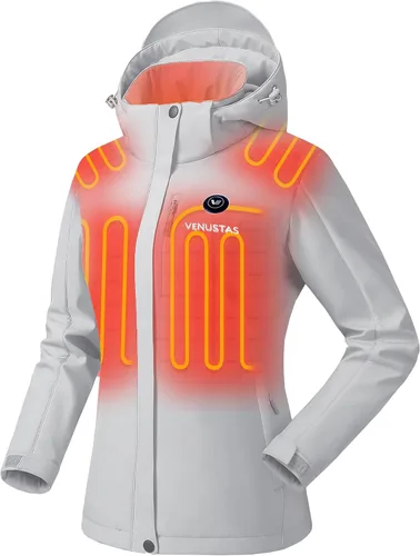 Vista 8 de Venustas - Chaqueta térmica para mujer con batería de 7.4 V, resistente al viento, eléctrica, aislada, con capucha desmontable, ajuste delgado Azul