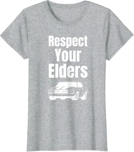 Vista 23 de Divertido regalo de auto para chicos – Respect Your Elders Classic Muscle Car Camiseta, Negro, S